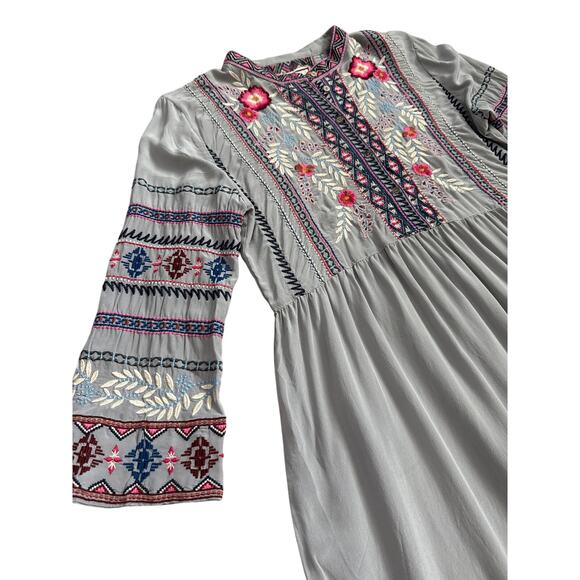 Johnny Was Ellie 100% Silk Boho Embroidered Wide Hem Dress Size XS - Picture 9 of 15